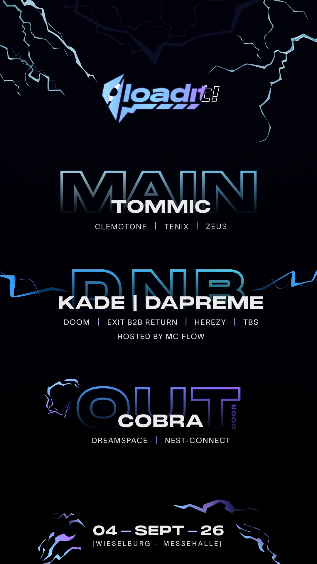 loadit!-Flyer 2026 im Hochformat mit dem Line-up für Mainstage, DnB-Stage und Outdoor-Stage sowie Datum und Location
